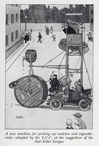 Une nouvelle machine pour ramasser les allumettes et les mégots de cigarettes adoptée par le LCC sur suggestion de la Ligue Anti-Déchets - William Heath Robinson