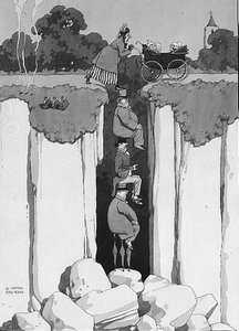 Acte de gentillesse, prévenance de trois messieurs aidant une dame à traverser un gouffre - William Heath Robinson