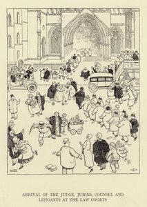 Arrivée du juge, des jurys, des avocats et des plaideurs aux tribunaux - William Heath Robinson