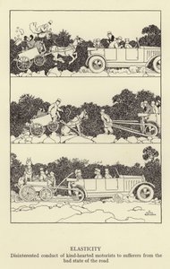 Élasticité, conduite désintéressée de gentils automobilistes envers les victimes du mauvais état de la route - William Heath Robinson