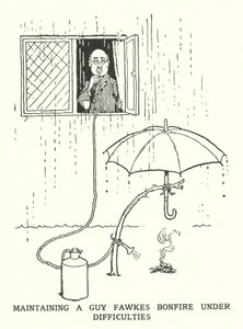 Maintenir un feu de joie de Guy Fawkes dans des conditions difficiles (lithographie) - William Heath Robinson