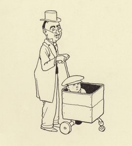Homme poussant un garçon dans une boîte - William Heath Robinson