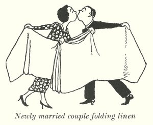 Jeune couple marié pliant du linge (lithographie)