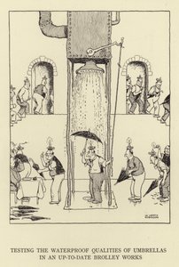 Test des qualités imperméables des parapluies dans une fabrique moderne de parapluies - William Heath Robinson