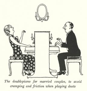 Le double piano pour les couples mariés, pour éviter les crampes et les frictions lors des duos (lithographie) - William Heath Robinson