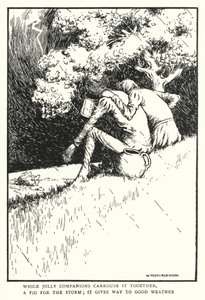 Pendant que les joyeux compagnons festoient ensemble, une figue pour la tempête, elle cède à la bonne météo - William Heath Robinson