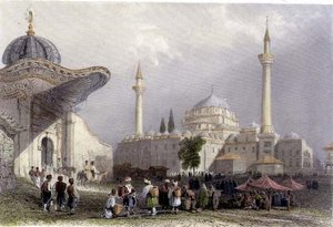 La mosquée de Bajazet avec la porte du Seraskier, Istanbul, gravée par H. Griffiths, vers 1850 (aquatinte)