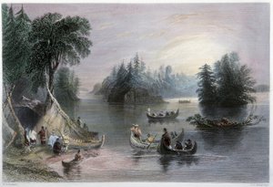 Tipis et canoës indiens, rives du Saint-Laurent - dans « Canadian scenery illustrated » par W.H. Bartlett, Londres - William Henry Bartlett