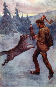 "Il a tiré ; et la brute, au moment où elle faisait son bond, est tombée, grognant et sifflant" (lithographie en couleur) - William Henry Charles Groome