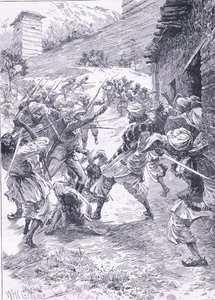 Le lieutenant Harley menant la sortie du fort Chitral, illustration de l