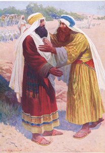 La rencontre de Jacob et Ésaü, de The Bible Picture Book publié par Thomas Nelson, vers 1950 - William Henry Charles Groome