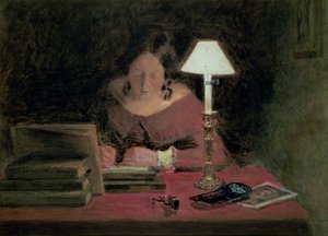 Fille écrivant à la lumière de la lampe, vers 1850