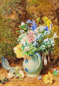 Pichet en Porcelaine Bleu Pâle avec Bruyères et Petites Fleurs, vers 1860
