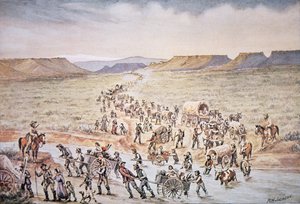 Pionniers mormons avec chariots à main se dirigeant vers l