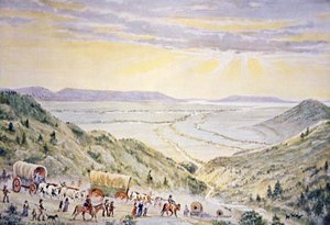 Les Mormons descendant Little Mountain vers Salt Lake City, Utah (lithographie en couleur) - William Henry Jackson