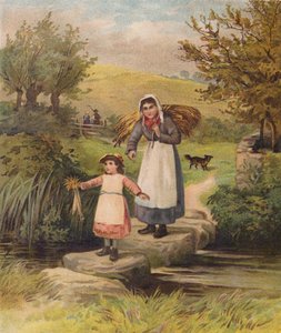 Femme et fille traversant un ruisseau sur des pierres - William Henry James (after) Boot