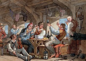 Marins buvant à bord du pont inférieur de leur navire, scène avec joueur de violon et fumeur de pipe, linge sur une corde, et équipement à bord (épée, fusil, canon, lampe) - William Henry Pyne