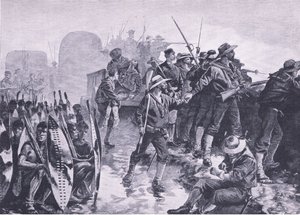 Défendre un laager contre une attaque zouloue, illustration de British Battles on Land and Sea, 1915