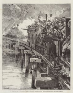 Manœuvres navales à Portsmouth, train blindé se retirant sur un pont et déclenchant une mine pour couper la poursuite