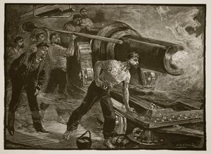 Guerre navale : manœuvrer un canon de navire, gravé par W.J. Palmer