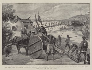 Les Drapeaux Noirs à Formose, construisant un pont en bambou à travers le lagon pour se retirer lors de l