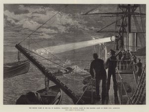 La flotte britannique en mer de Marmara, à la recherche de torpilleurs à la lumière électrique à bord du HMS Agincourt