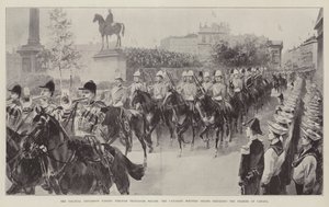 La procession coloniale passant par Trafalgar Square, les troupes montées canadiennes précédant le Premier ministre du Canada - William Heysham Overend
