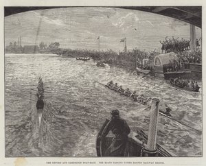 La course de bateaux Oxford et Cambridge, les bateaux passant sous le pont ferroviaire de Barnes - William Heysham Overend