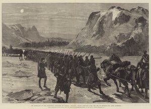 La rébellion dans le Territoire du Nord-Ouest du Canada, Troupes coloniales marchant sur la glace de la baie de Nepigon, lac Supérieur