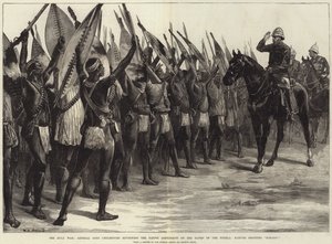 La guerre zouloue, le général Lord Chelmsford passant en revue le contingent indigène sur les rives de la Tugela, les indigènes criant H-H-Ooo!