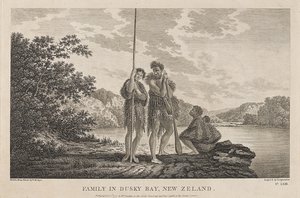 Vue de la Baie des Îles (Dusky Bay) (Nouvelle-Zélande), avec une famille maorie. Gravure (33,9x47,1 cm) d