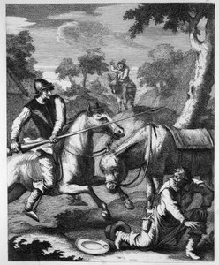 Don Quichotte saisit le bassin de barbe pour le casque de Mambrino