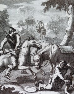 Don Quichotte saisit le bassin du barbier pour le casque de Mambrino - William Hogarth