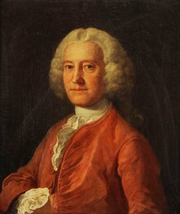Portrait de Samuel Martin, buste, en manteau rose, stock blanc et chemise blanche bordée de dentelle, avec sa main droite dans sa veste, vers 1763