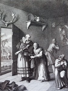 Le curé et le barbier se déguisant pour ramener Don Quichotte chez lui par William Hogarth