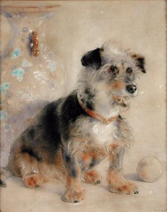 Terrier assis devant un vase Canton Famille Rose - William Huggins