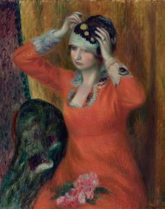 Fille en robe rouge mettant un chapeau - William James Glackens