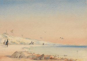 Gambie - une baie sablonneuse avec des figures marchant et chevauchant au Cap St. Mary