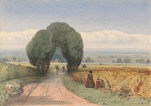Gloucestershire - une femme et un enfant sur une route bordant des champs de blé mûr à Moreton-in-Marsh - William John Chamberlayne