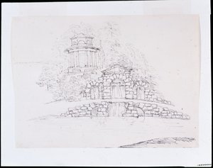 Chiswick, design pour une cascade rocheuse avec un temple dorique octogonal sur la terrasse derrière