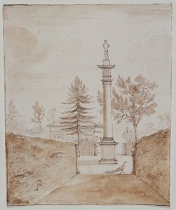 Chiswick, vue de la colonne dorique avec la statue de Vénus de Médicis, et un aperçu du côté de la maison des cerfs (encre sur papier) - William Kent