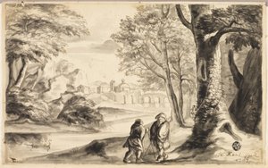 Deux voyageurs sous un arbre avec village et pont au loin - William Kent