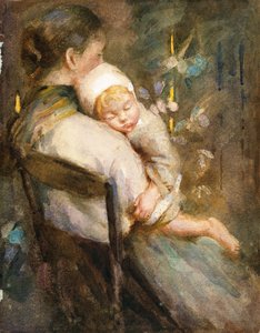 Jeune Mère avec Enfant Endormi sur ses Genoux (aquarelle sur papier)