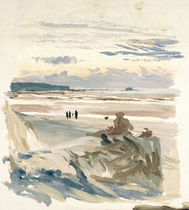 Personnages sur la plage, probablement à Amble (France), avec la silhouette du Fort Vauban à la lumière du crépuscule - William Lionel Wyllie