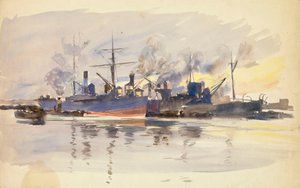 Esquisse de navires marchands au port, fin 19e - début 20e siècle - William Lionel Wyllie