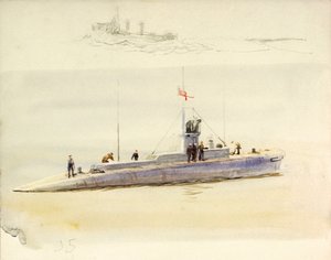 Sous-marin J.5 et croquis approximatif d