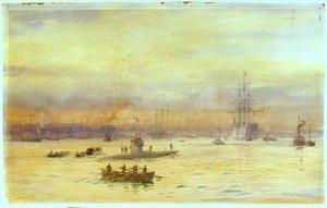 Cette vue regarde vers le port du côté de Gosport où un sous-marin entre, avec un autre devant lui - William Lionel Wyllie