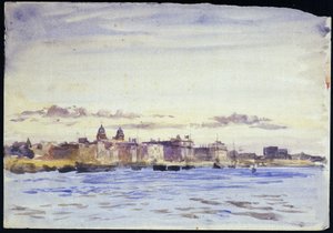 Vue du Royal Naval College, à Greenwich (Angleterre), sur la Tamise, au coucher du soleil, prise de Blackwall (rive opposée) - William Lionel Wyllie