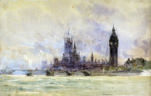 Pont de Westminster, Parlement et Big Ben, à Londres (Angleterre). Aquarelle, fin du 19e, début du 20e siècle, par William Lionel Wyllie (1851-1931). - William Lionel Wyllie