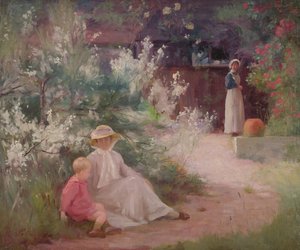 Dame avec son jeune fils et servante dans le jardin - William Mainwaring Palin